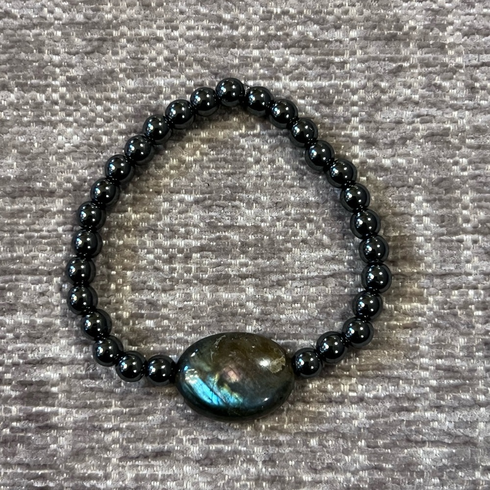 Handmade Natural Healing Plated Hematite & Labradorite Beaded Bracelet, Size 7”